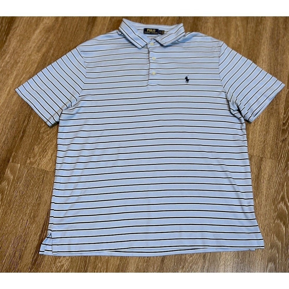 Polo Ralph Lauren‎ Men's Light Blue T-Shirt XL with Navy Pony and Navy Stripes